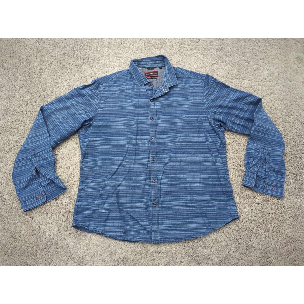John Players Jeans Button Up Shirt Mens XXL Blue Striped 100% Cotton‎ Trim Fit